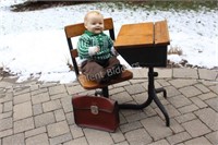 Antique Child School Desk and Swivel Chair & Doll