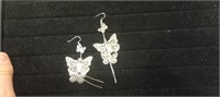 Pair Silver Dangling Butterfly Earrings