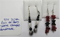 (2) 925 Silver Stone Dangle Earrings - Handmade