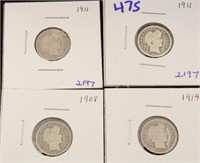 (4) U.S. BARBER DIMES: 1908, 1911, 1911, 1914