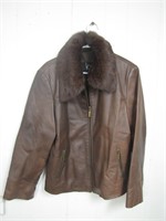 Women's Large Brown Leather Jacket W/Fur Neck