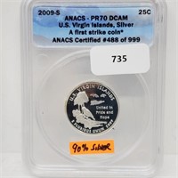ANACS 2009-S PR70DCAM 90% Silv Virgin Isl Quarter