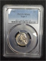 1942 Type 1 Jefferson Nickel PCGS MS66