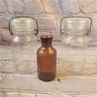 2 Lidded Glass Jars and Brown Glass Lysol Bottle