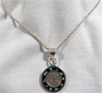 VINTAGE MAYAN PENDANT 925 TURQUOISE & ROPE CHAIN