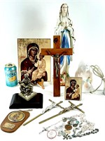 Lot religieux, statue, lampe, crucifix, médailles