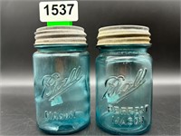 Antique Ball Jars (2) Aqua w/zinc lids