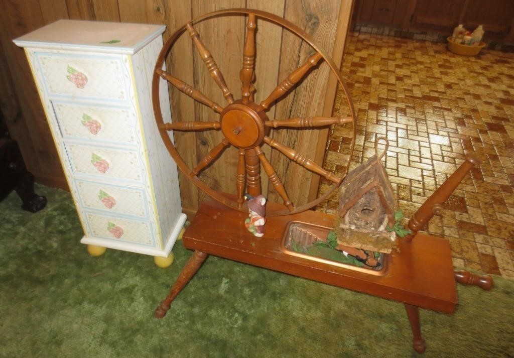 Small cabinet & decorative spinning wheel