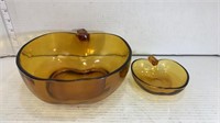 2 Apple-shaped Bowls Amber Glass