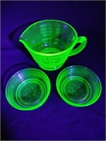 Depression Glass Measuring Cup and 2 Desert Bowls