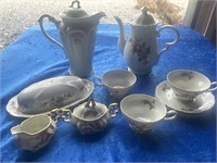 Butter dish, creamer, sugar, 3 cups/saucers & 2