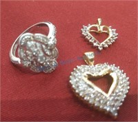 10 karat gold pendants and ring with diamonds