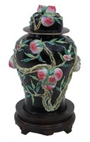LARGE CHINESE FAMILLE NOIR APPLIED PEACH VASE