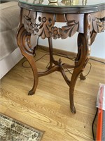 CARVED WOOD INLAY END TABLE W/ GLASS TOP
