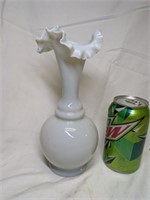 Hand Blown Ruffled Thin Milk Glass Vase 9" tall