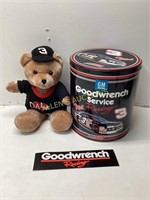 DALE EARNHARDT TIN CAN  TEDDY BEAR AND STICKER