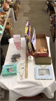 Baseball, puzzle, popcorn containers, purse,