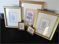 Three Large Picture Frames, 2 Small, w/Floral Pics