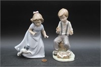Pr. Lladro Boy & Girl W/Dog Porcelain Figurines