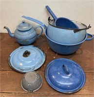 Blue enamel pots, lids and tea pot