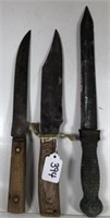 3 Knives Butcher Knife,Bowie Knife,Brass Handled