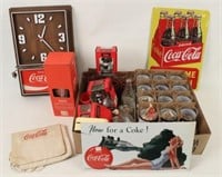 Group of Coca-Cola Glasses, Straw Dispenser, Clock