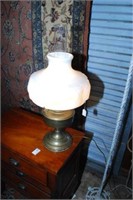 Brass Electrified Oil Lamp With Milk Glass Lincoln
