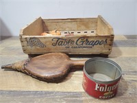 Vtg. Wooden Fruit Creat, Metal Coffee Can, Bellows