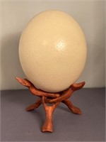 Vtg. Real OSTRICH Egg Shell with Wooden Stand 9"