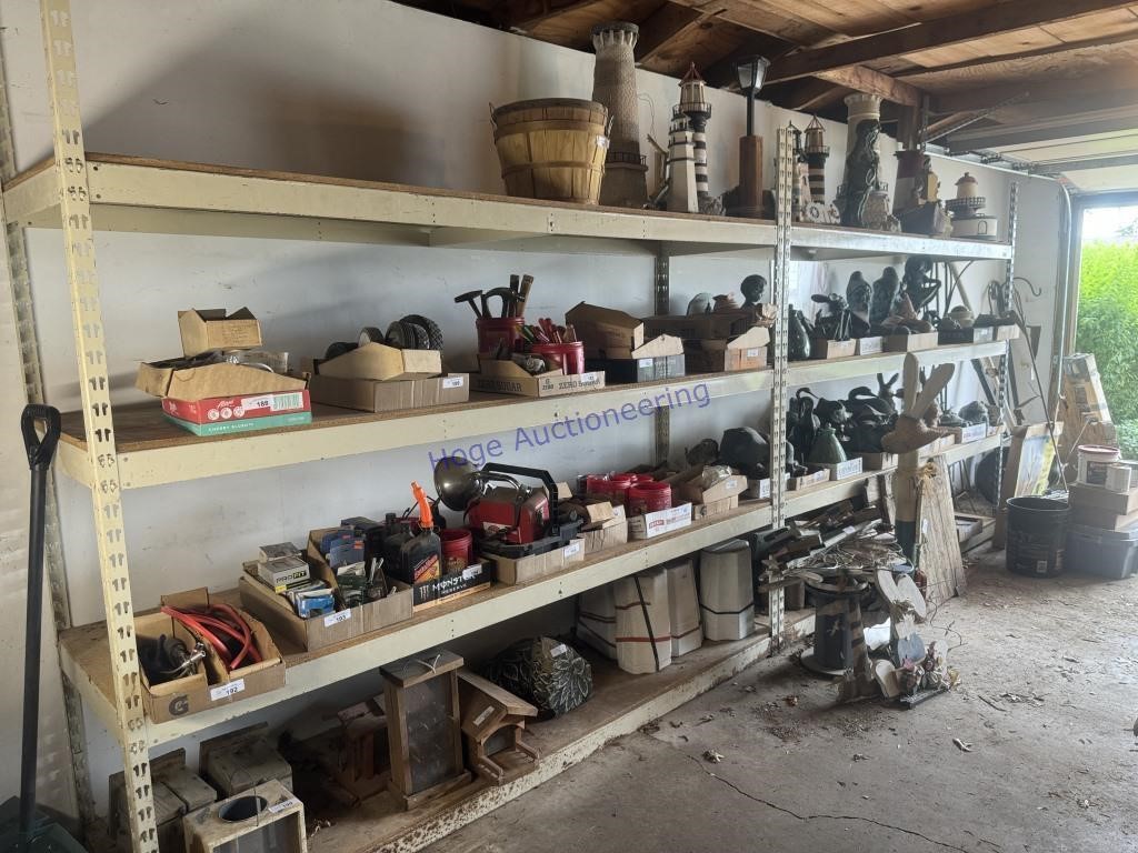 SHELF IN GARAGE, 2 SECTIONS, EACH 4 SHELVES,