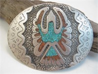 Navajo SS Turquoise & Coral Belt Buckle