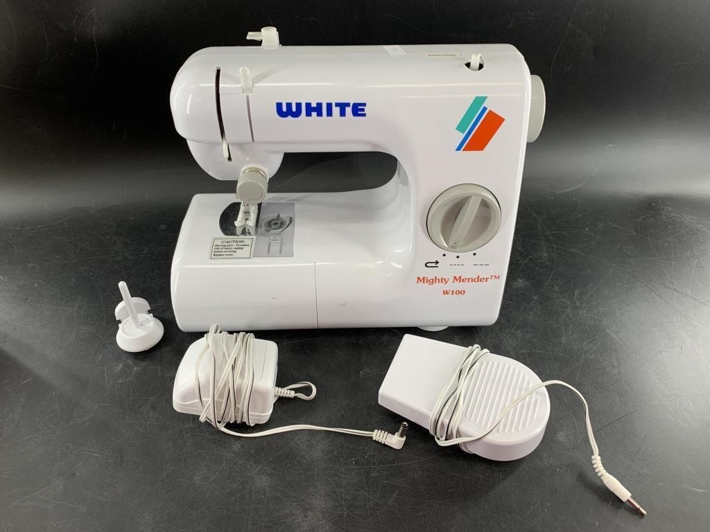 White brand sewing machine, small with pedal and c