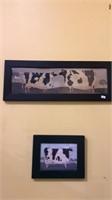 Two wood framed prints of old style painted Cows