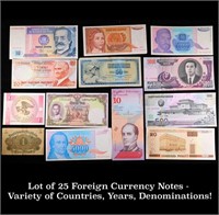 Lot of 25 Foreign Currency Notes - Variety of Coun