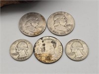 Silver Franklin & Kennedy Halves & Two Quarters