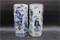 Pr. Vtg. China Blue & White Porcelain Wig Stands