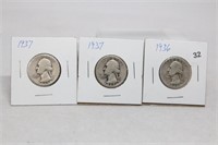 3 Silver 1936 & 1937 Washington Quarters