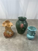 Weller pottery vase, green pottery vase, and blue