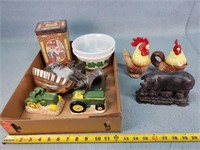 Hog Sculpture, Salt & Peppers, & Mixing Bowls