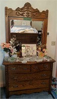 Antique Oak Dresser With Mirror. Items On Top Not
