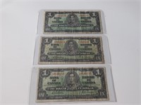 3 1937 Canada One Dollar Bank Notes