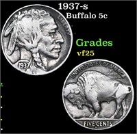 1937-s Buffalo Nickel 5c Grades vf+