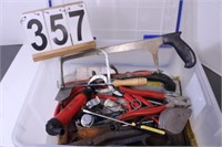 Tote Of Tools Includes Handsaws, Tin Snips, Pliers