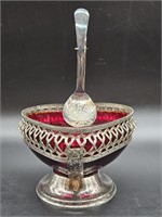 Silver Plate w/ Red Crystal Heart Dish w/ SP Spoon
