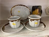 Ironstone Cups and Saucers with Weller Pottery Mug