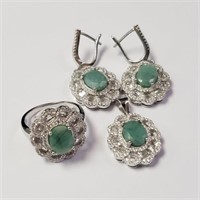 $500 Silver Emerald Ring Earring And Pendant (8ct)