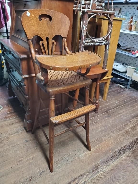 Antique Oak Cane Bottom High Chair