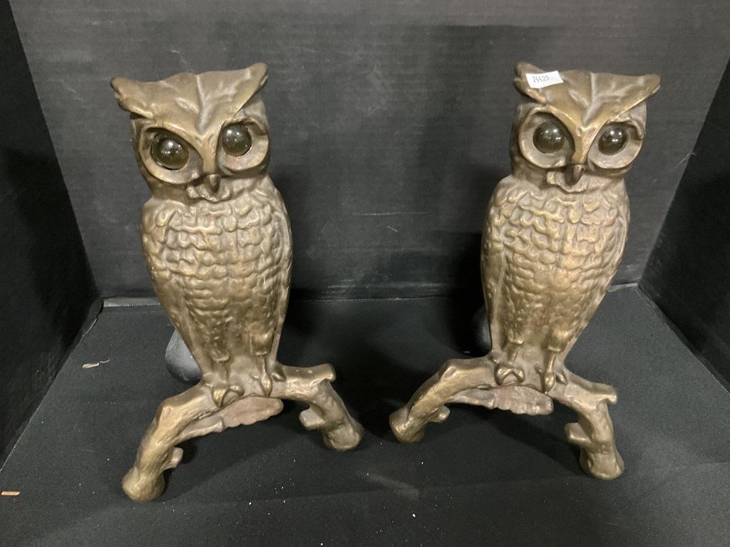 1930s Cast Owl Andirons W/ Glass Eyes.