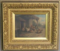 19TH C. OIL PAINTING OF BARNYARD POULTRY