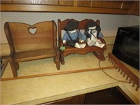 2 small bench/rocker, rake, dolls